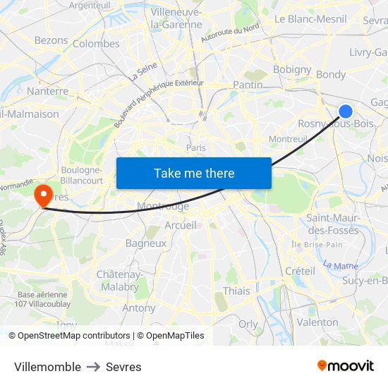 Villemomble to Sevres map