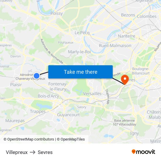 Villepreux to Sevres map