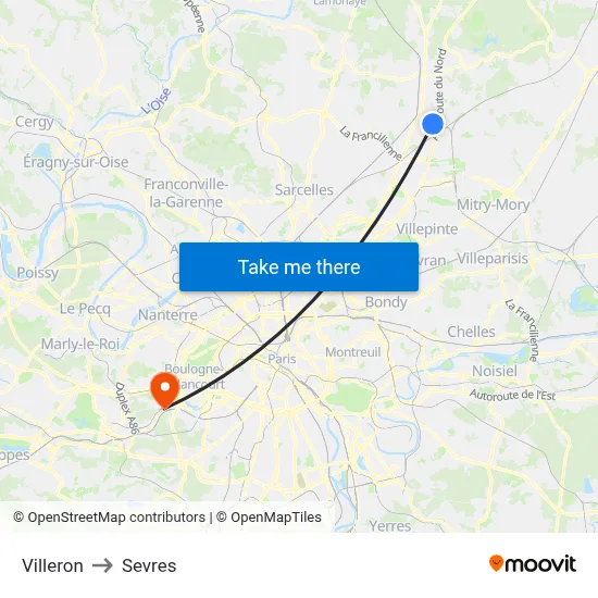 Villeron to Sevres map