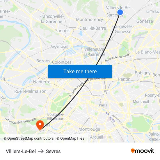 Villiers-Le-Bel to Sevres map