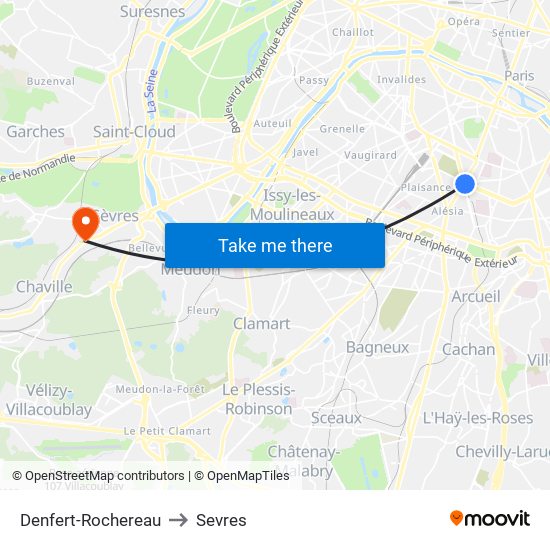 Denfert-Rochereau to Sevres map