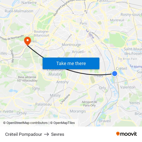 Créteil Pompadour to Sevres map