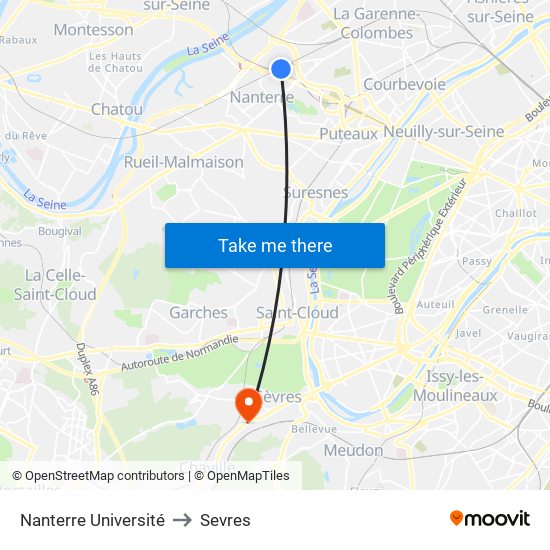 Nanterre Université to Sevres map