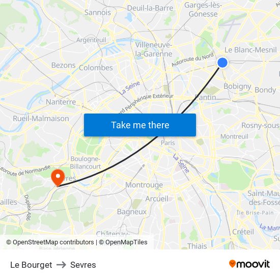 Le Bourget to Sevres map