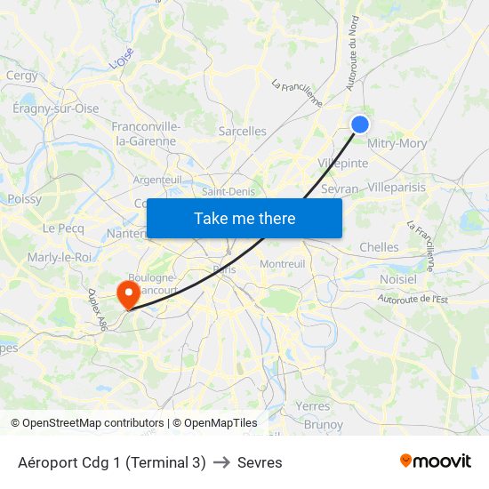 Aéroport Cdg 1 (Terminal 3) to Sevres map