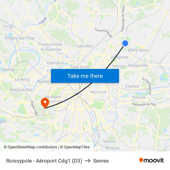 Roissypole - Aéroport Cdg1 (D3) to Sevres map
