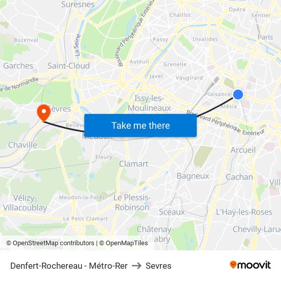Denfert-Rochereau - Métro-Rer to Sevres map