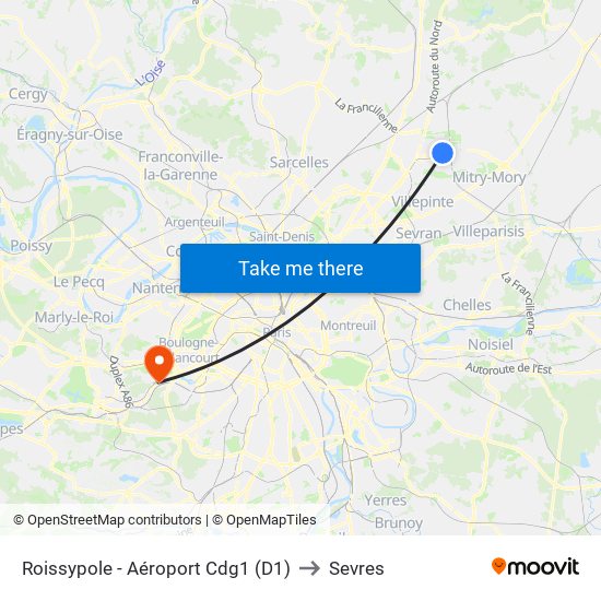 Roissypole - Aéroport Cdg1 (D1) to Sevres map