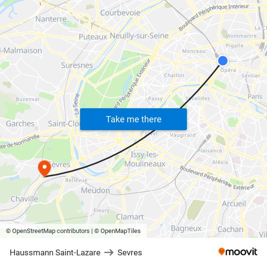 Haussmann Saint-Lazare to Sevres map