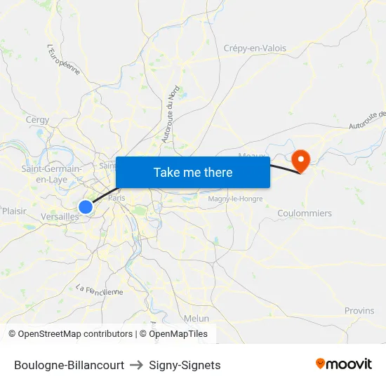Boulogne-Billancourt to Signy-Signets map
