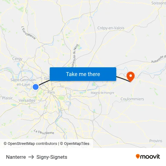 Nanterre to Signy-Signets map