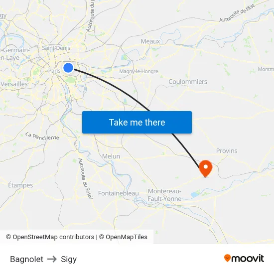 Bagnolet to Sigy map