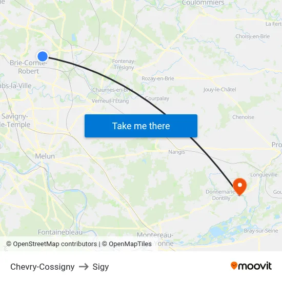 Chevry-Cossigny to Sigy map