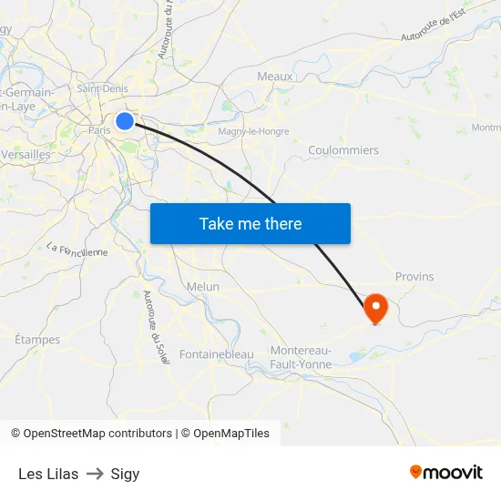 Les Lilas to Sigy map