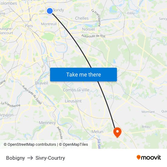 Bobigny to Sivry-Courtry map