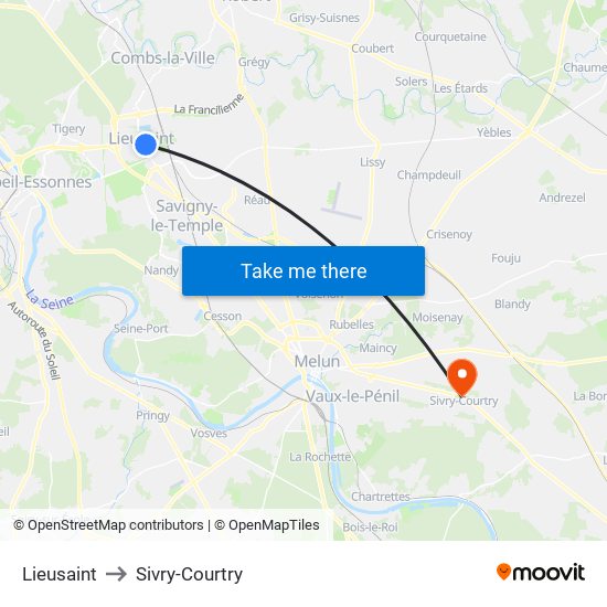 Lieusaint to Sivry-Courtry map