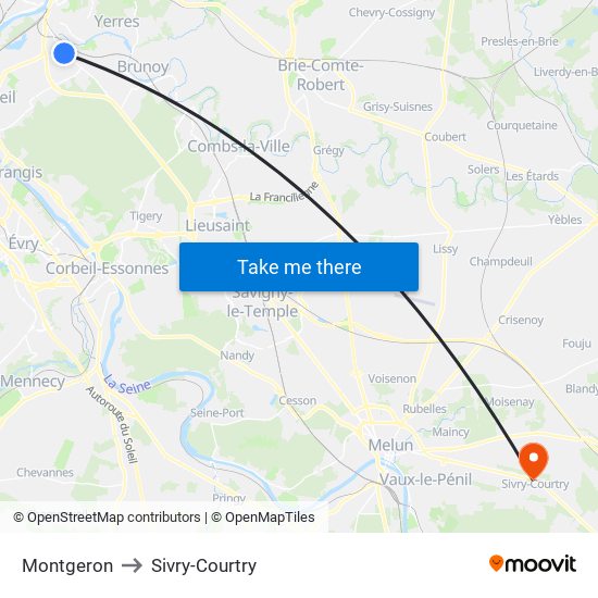 Montgeron to Sivry-Courtry map