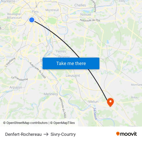 Denfert-Rochereau to Sivry-Courtry map