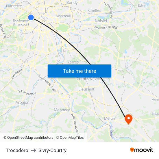 Trocadéro to Sivry-Courtry map