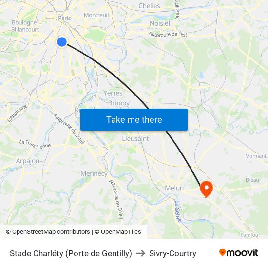 Stade Charléty (Porte de Gentilly) to Sivry-Courtry map