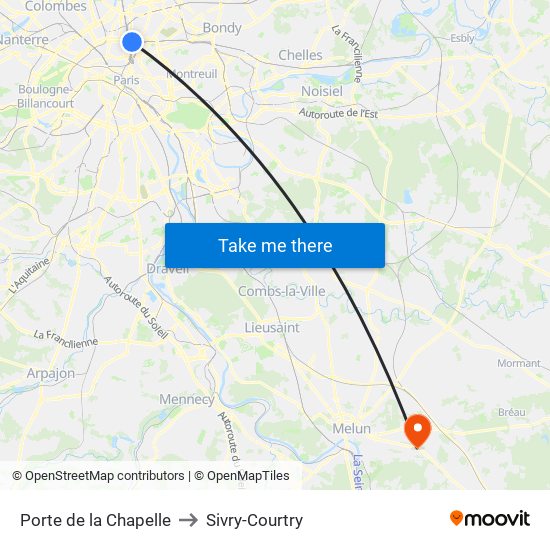 Porte de la Chapelle to Sivry-Courtry map