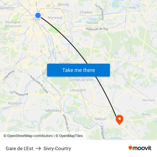 Gare de L'Est to Sivry-Courtry map