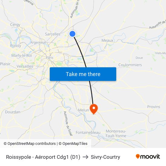 Roissypole - Aéroport Cdg1 (D1) to Sivry-Courtry map