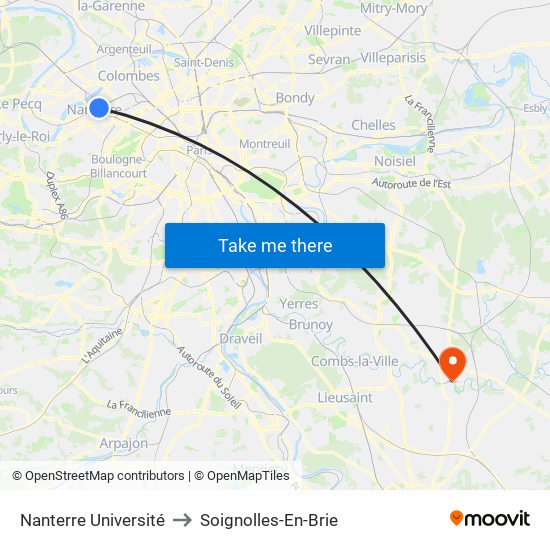 Nanterre Université to Soignolles-En-Brie map