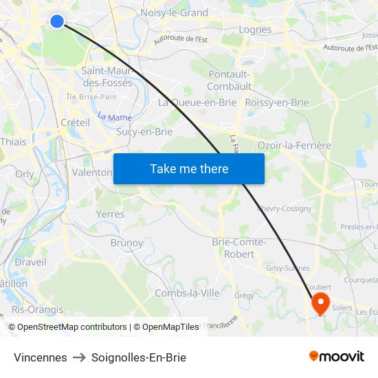 Vincennes to Soignolles-En-Brie map