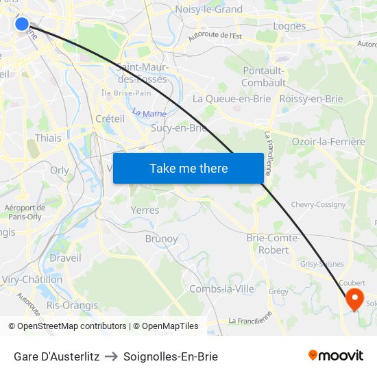 Gare D'Austerlitz to Soignolles-En-Brie map