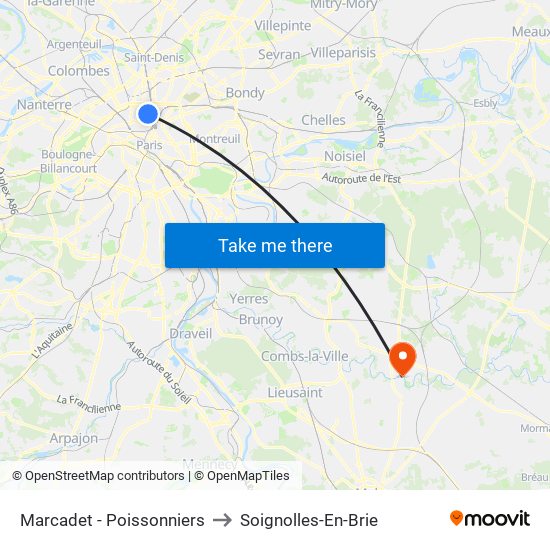 Marcadet - Poissonniers to Soignolles-En-Brie map