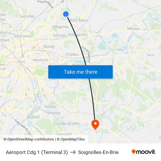 Aéroport Cdg 1 (Terminal 3) to Soignolles-En-Brie map