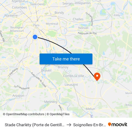 Stade Charléty (Porte de Gentilly) to Soignolles-En-Brie map