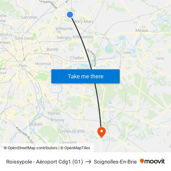 Roissypole - Aéroport Cdg1 (G1) to Soignolles-En-Brie map