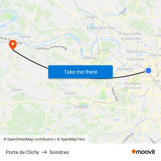 Porte de Clichy to Soindres map