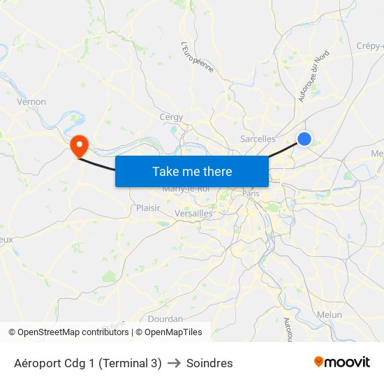 Aéroport Cdg 1 (Terminal 3) to Soindres map