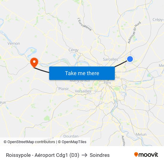 Roissypole - Aéroport Cdg1 (D3) to Soindres map