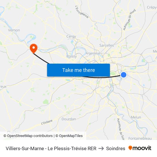 Villiers-Sur-Marne - Le Plessis-Trévise RER to Soindres map