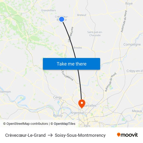 Crèvecœur-Le-Grand to Soisy-Sous-Montmorency map