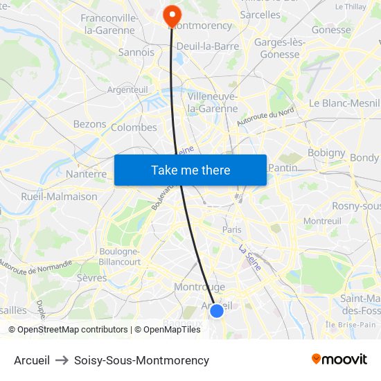 Arcueil to Soisy-Sous-Montmorency map