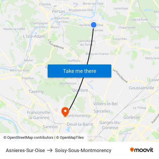 Asnieres-Sur-Oise to Soisy-Sous-Montmorency map