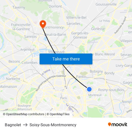 Bagnolet to Soisy-Sous-Montmorency map