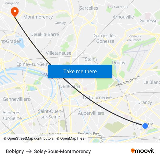 Bobigny to Soisy-Sous-Montmorency map