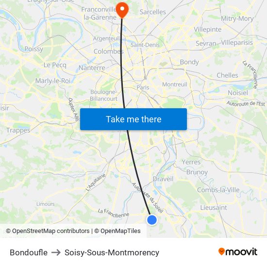 Bondoufle to Soisy-Sous-Montmorency map