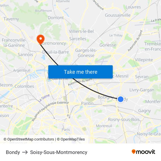 Bondy to Soisy-Sous-Montmorency map
