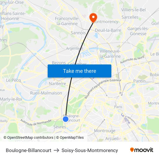 Boulogne-Billancourt to Soisy-Sous-Montmorency map