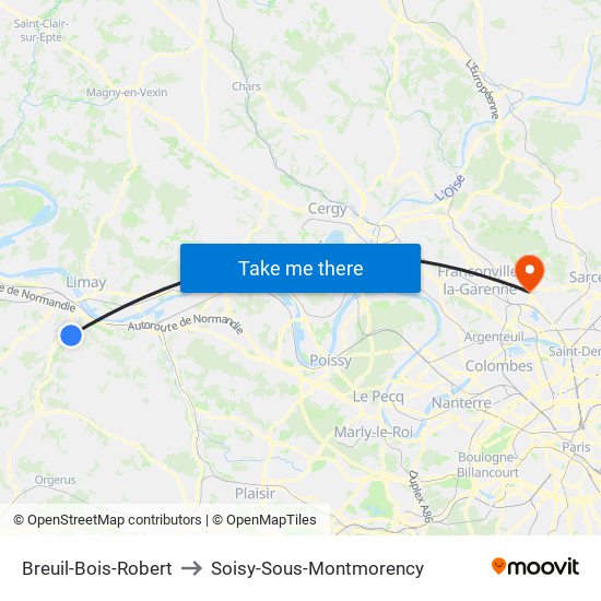 Breuil-Bois-Robert to Soisy-Sous-Montmorency map