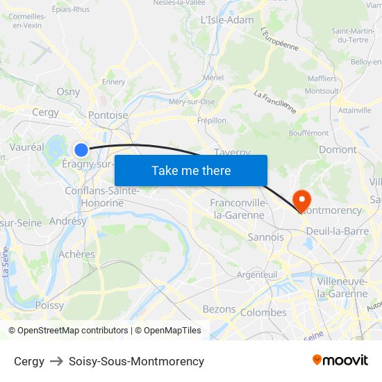 Cergy to Soisy-Sous-Montmorency map