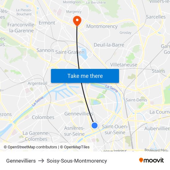 Gennevilliers to Soisy-Sous-Montmorency map