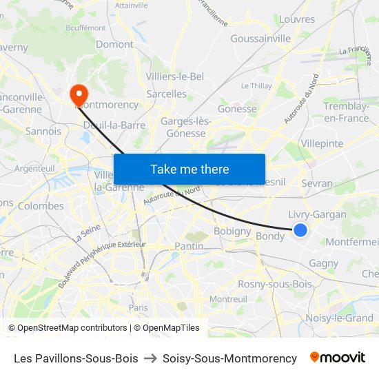Les Pavillons-Sous-Bois to Soisy-Sous-Montmorency map